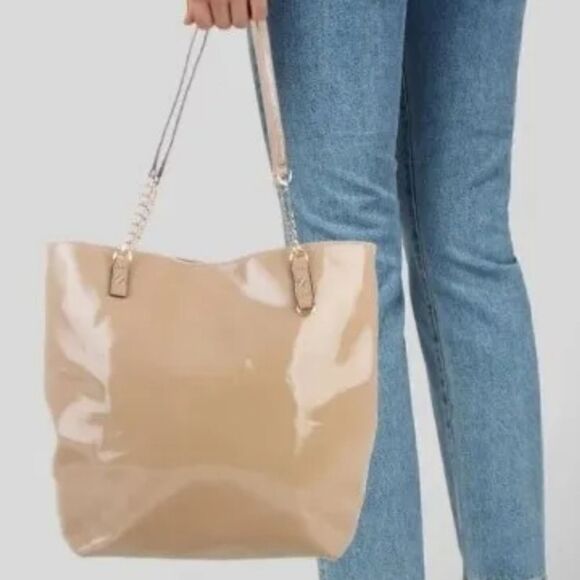 MICHAEL KORS BEIGE PATENT LEATHER MK LOGO  TOTE SHOULDER BAG PURSE - Picture 1 of 11